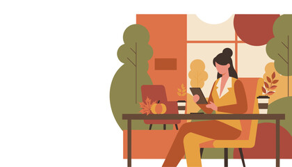 Professional woman uses a tablet while enjoying autumn views and coffee Digital lifestyle