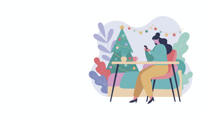 Cozy holiday scene Woman texts on phone next to a decorated Christmas tree Digital seasonal greeting