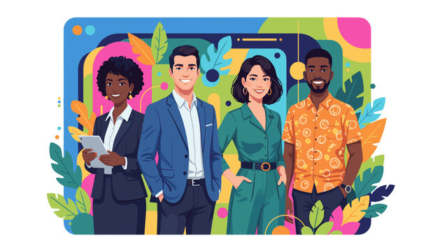 Diverse professional team portrait against a vibrant abstract background symbolizing collaboration and growth