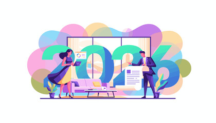 Business people planning goals for 2026 New year strategy and future development illustration