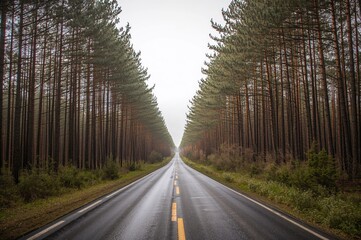 Fototapeta premium A pathway stretches forward flanked by pine trees under the morning sun, capturing the essence of summer and nature.