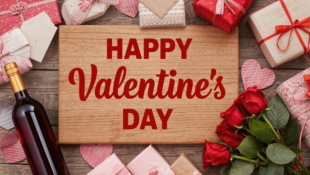 Wooden surface decorated with roses, wine bottle, presents, envelopes, and a board reading HAPPY VALENTINE'S DAY - Powered by Adobe