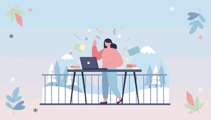 Digital nomad celebrating success while working remotely in a peaceful winter mountain retreat