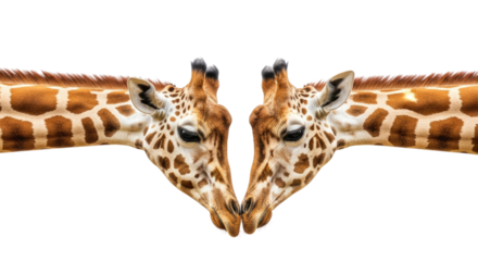 Two giraffe heads facing each other symmetric reflection transparent background cutout png