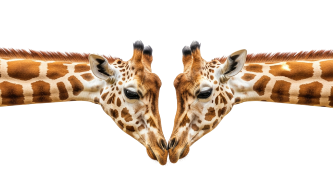 Two giraffe heads facing each other symmetric reflection transparent background cutout png