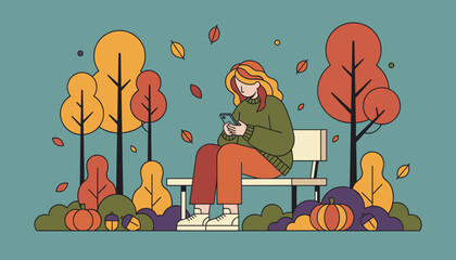 Young woman texting on a phone in an autumn park bench illustration Seasonal leisure