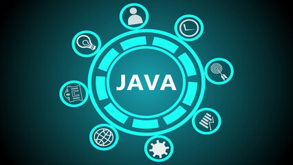 Java centered in a glowing circle surrounded by various icons on a dark teal background image