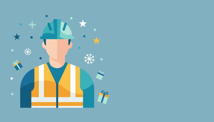 Worker in hard hat and vest surrounded by winter gifts Industry holiday greeting with copy space
