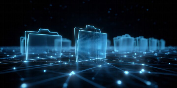 Illuminated digital file containers sit upon a glowing network grid in dark space