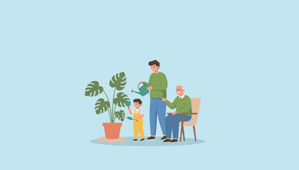 Generations of men care for houseplant Family bonding nature and intergenerational learning