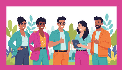 Diverse business team smiling confidently in a leafy setting symbolizing success and collaboration