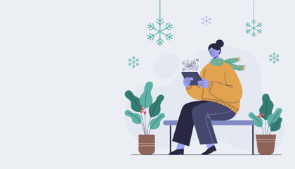 Woman feeling overwhelmed or depressed while using a tablet in a winter setting representing mental health issues