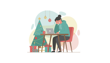Crying woman stressed working on laptop during Christmas holiday Seasonal depression and loneliness concept