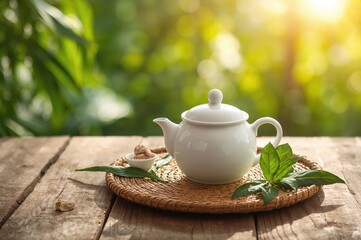Fototapeta premium Teapot resting on a woven bamboo tray under bright sunlight on a wooden surface