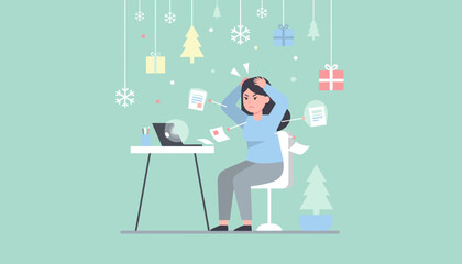 Overwhelmed woman stressed by holiday work deadlines and paperwork chaos