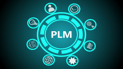 A glowing plm graphic with icons including a lightbulb, globe, gear, and clock on a dark background