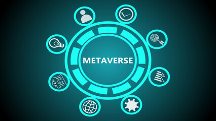 A glowing metaverse concept with icons representing user, time, idea, and other related elements