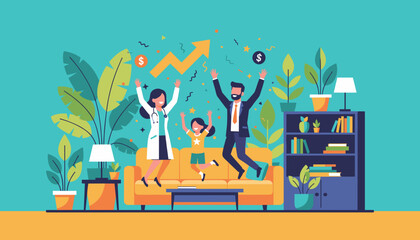 Family doctor executive jumps for joy celebrating career achievement and financial success