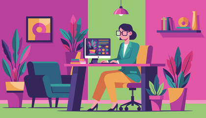 Woman working on PC in vibrant modern home office Remote work digital design and productivity