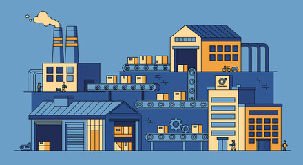 Flat vector illustration of a massive production factory logistics network and supply chain