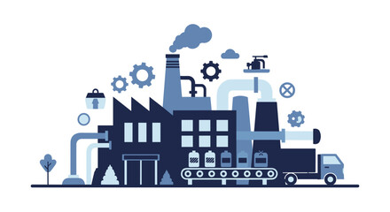 Modern industrial factory vector with production line chimney smoke gears and truck for logistics