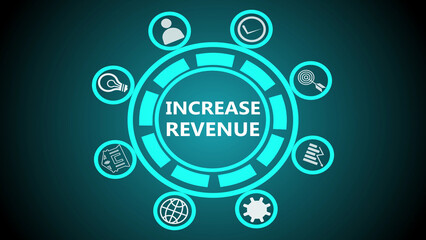 Increase revenue text surrounded by icons in a circular pattern on a dark teal background