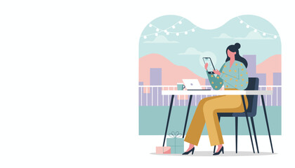 Modern woman working remotely on a terrace using a tablet with a laptop and city view