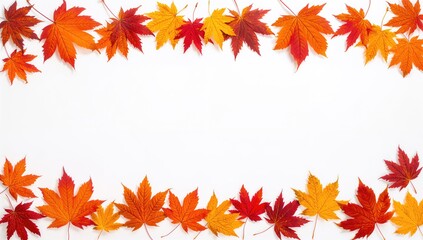 Fototapeta premium Vibrant autumn maple leaves framing a white background, seasonal change
