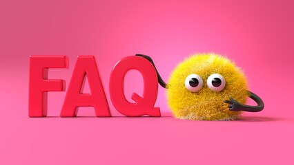 Fluffy, cute monster next to "FAQ" letters, symbolizing help and information. 3D rendering, conceptual image. Isolated on white background. © Jane
