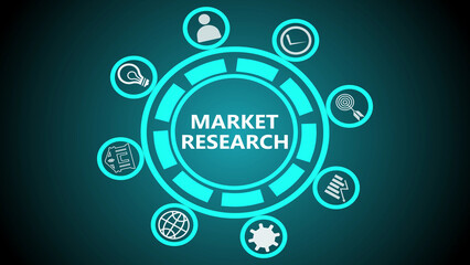 A glowing teal graphic featuring market research text surrounded by various business related icons