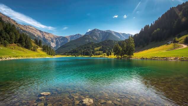 Beautiful lake Enol surrounded by lush greenery and a clear sky, showcasing seasonal change
