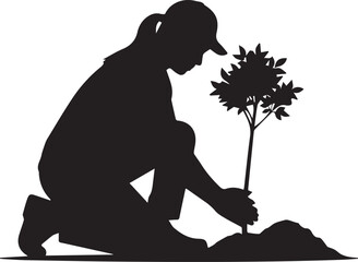 Silhouette of a person planting a small tree outdoors celebrating volunteerism and environmental care