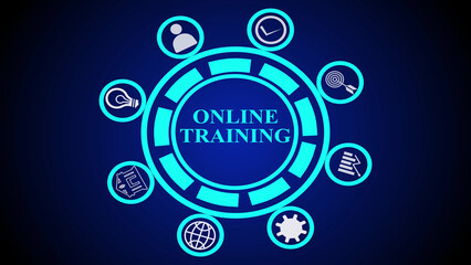 A blue graphic featuring online training text surrounded by icons representing various concepts and ideas