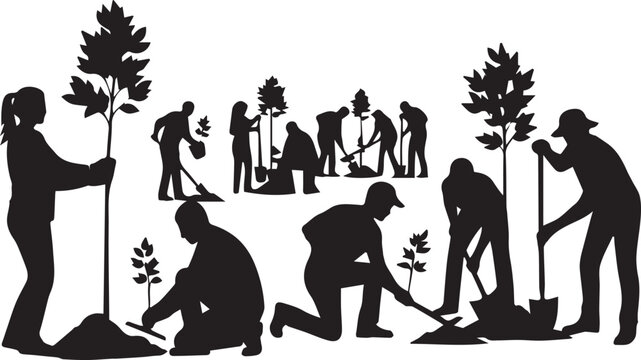 International volunteer day silhouette of people planting trees engaging in community gardening and environmental care - Powered by Adobe