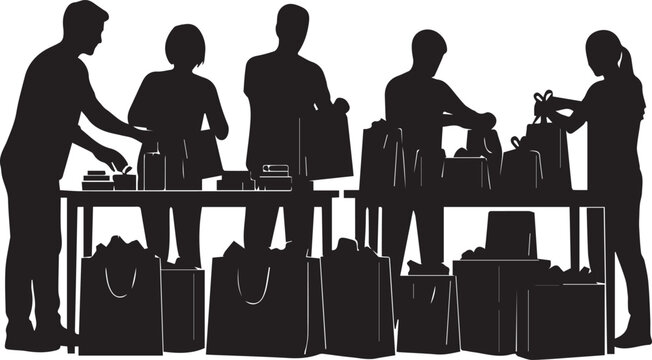 Diverse volunteers working together packing supplies for charity event international volunteer day concept