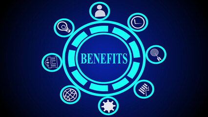 Benefits concept illustration with icons in a circular arrangement on a dark blue background