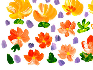 Abstract red and yellow flowers, original hand drawn, impressionism style, color texture, brush strokes of paint, art background.
