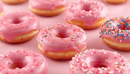 Pink donuts with sprinkles, dessert item for bakery display, indulgent treat in a sweet setting