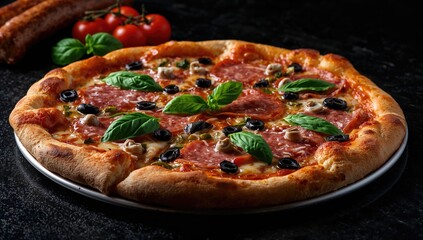 Salami, olive, and basil topped pizza