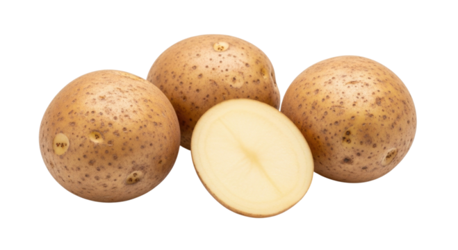 Four potatoes one cut in half transparent background cutout png