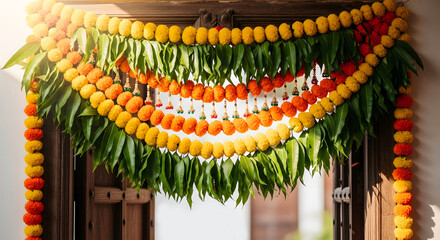 Traditional door decoration with hanging marigold flowers, mango leaves, and garlands.