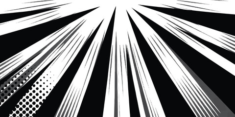 Sunbrust grunge  black and white comic pop art background,Abstract black and white radiating lines converging.