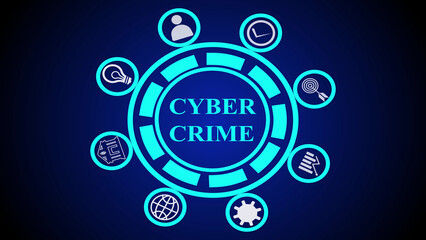 Cyber crime concept with icons around a circle on a blue background representing online threats security