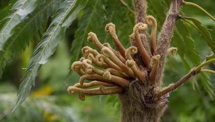Fototapeta premium Curl-Leaf Mountain Mahogany seeds emerging from branches, showcasing reproduction and natural growth