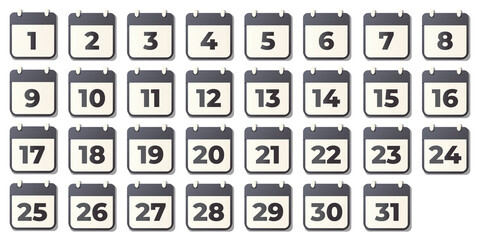 Flat Calendar Date Icons Set with Numbers 1 to 31