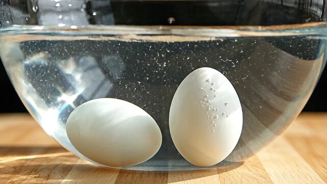 Floating in a bowl of water, a fresh egg sinks while an old one stands up.