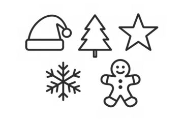 Christmas holiday icons set with santa hat, tree, star, snowflake, gingerbread man, transparent background