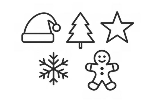 Christmas holiday icons set with santa hat, tree, star, snowflake, gingerbread man, transparent background