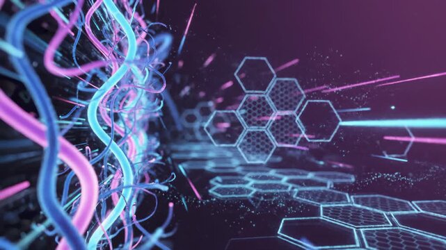 Abstract Dna Structure Interacts With Glowing Hexagons in Cyberspace