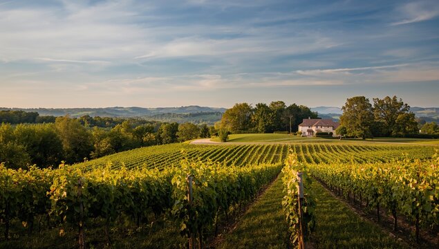 Grapevine fields with rustic farmhouse under open sky